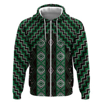 New Zealand Aotearoa Zip Hoodie Green Poutama With Taniko Pattern LT05