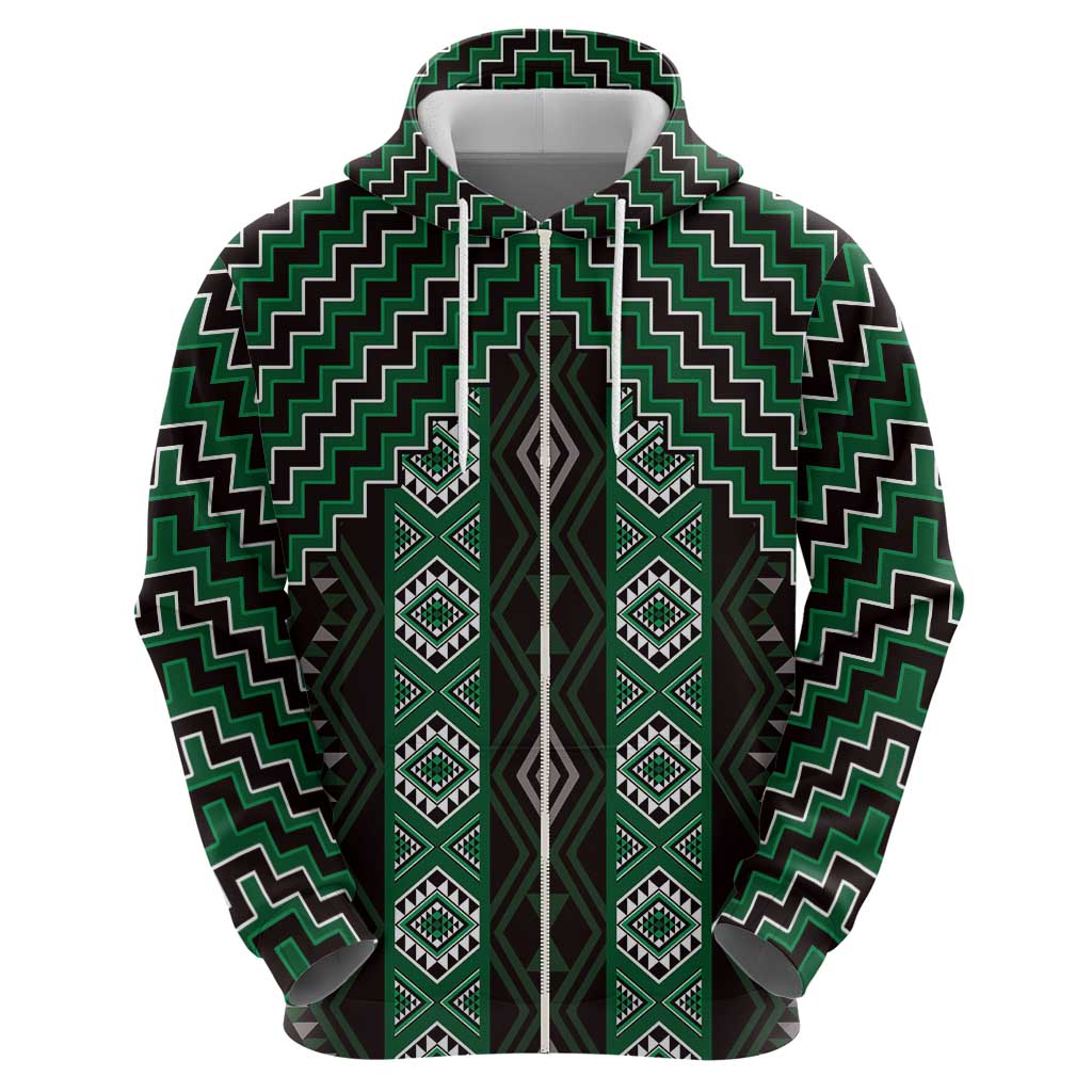 New Zealand Aotearoa Zip Hoodie Green Poutama With Taniko Pattern LT05