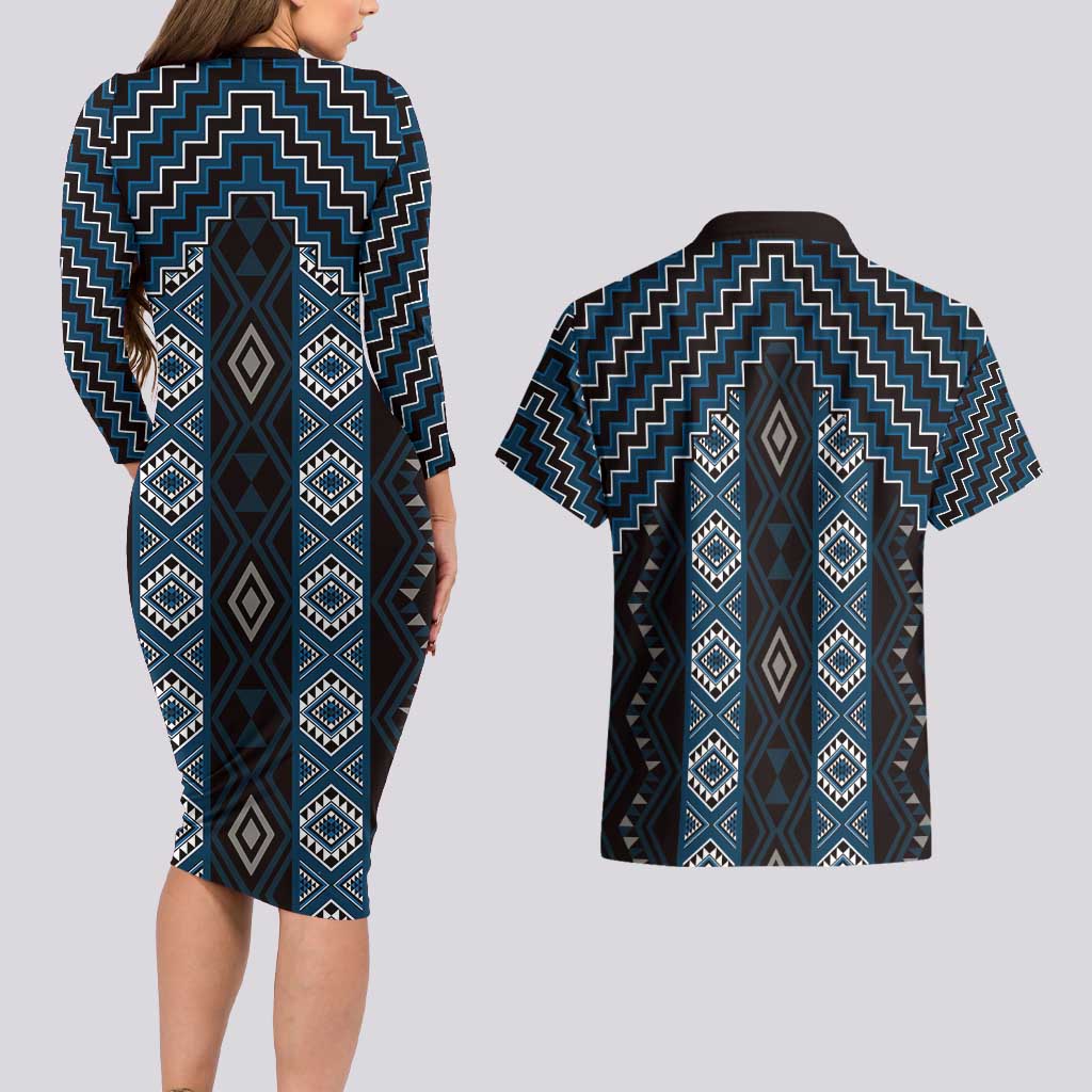 New Zealand Aotearoa Couples Matching Long Sleeve Bodycon Dress and Hawaiian Shirt Blue Poutama With Taniko Pattern LT05