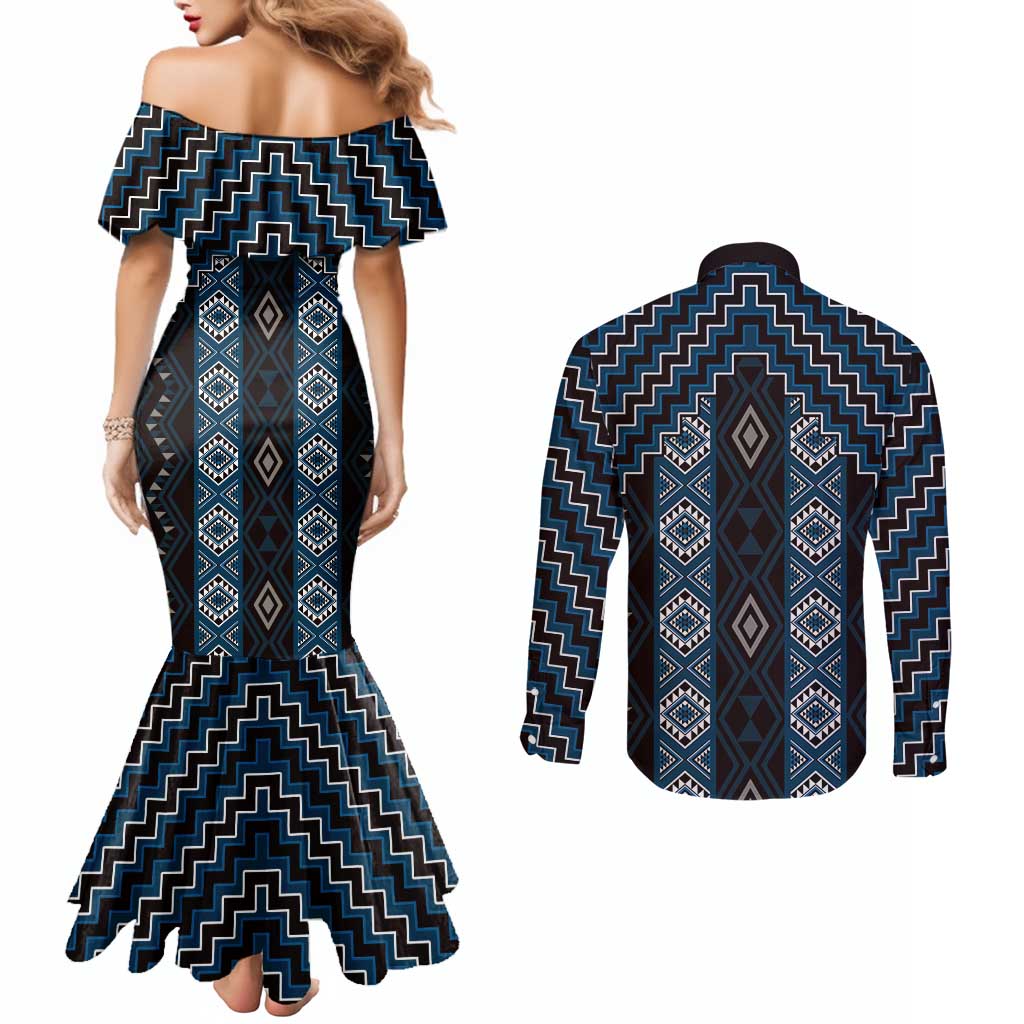 New Zealand Aotearoa Couples Matching Mermaid Dress and Long Sleeve Button Shirt Blue Poutama With Taniko Pattern LT05