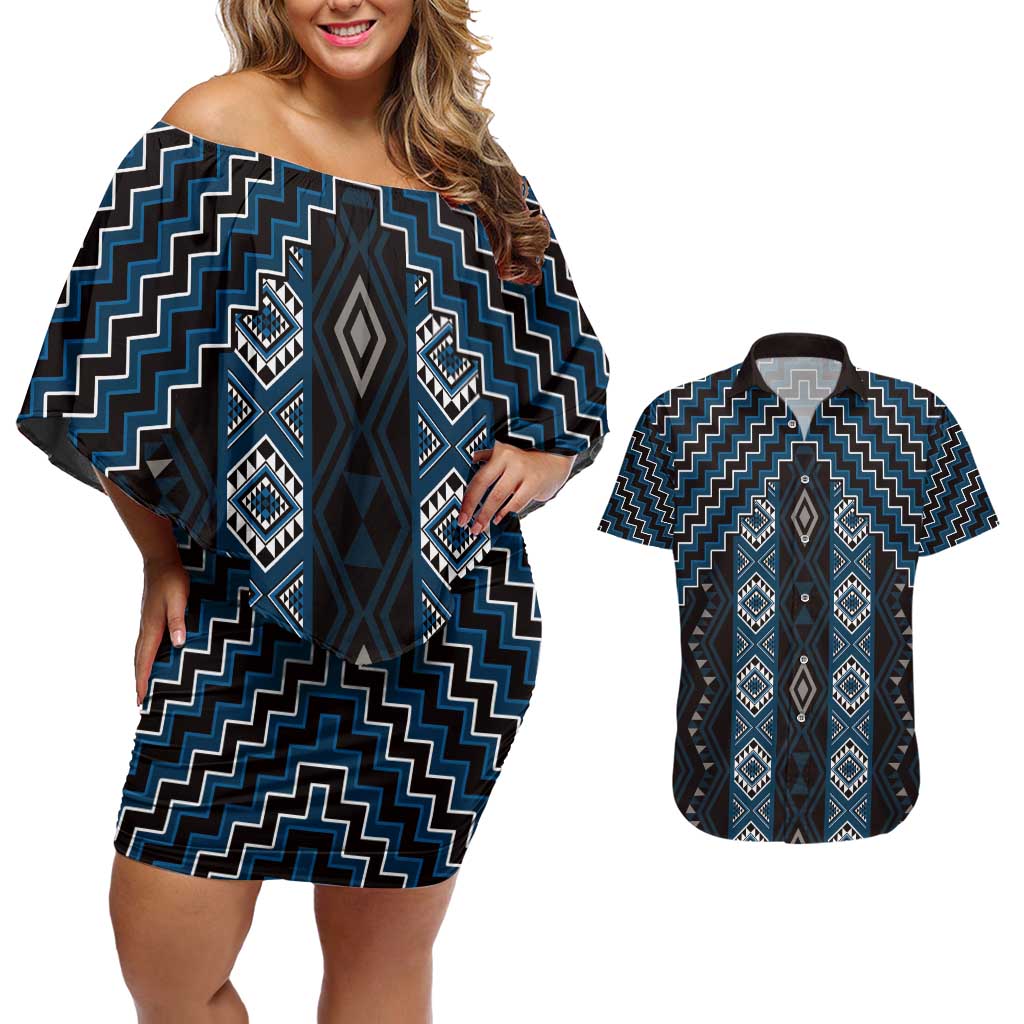 New Zealand Aotearoa Couples Matching Off Shoulder Short Dress and Hawaiian Shirt Blue Poutama With Taniko Pattern LT05
