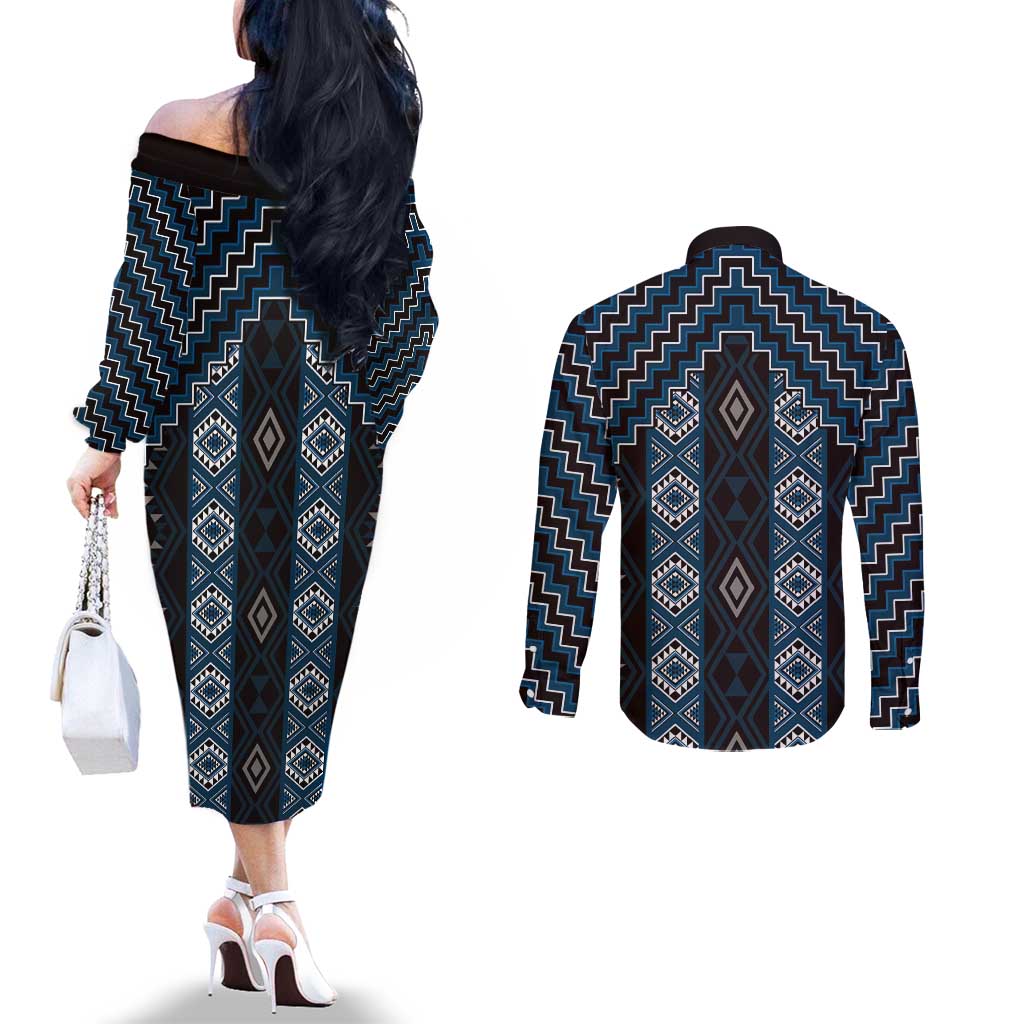 New Zealand Aotearoa Couples Matching Off The Shoulder Long Sleeve Dress and Long Sleeve Button Shirt Blue Poutama With Taniko Pattern LT05