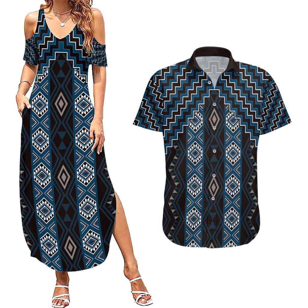 New Zealand Aotearoa Couples Matching Summer Maxi Dress and Hawaiian Shirt Blue Poutama With Taniko Pattern LT05