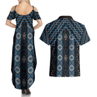 New Zealand Aotearoa Couples Matching Summer Maxi Dress and Hawaiian Shirt Blue Poutama With Taniko Pattern LT05