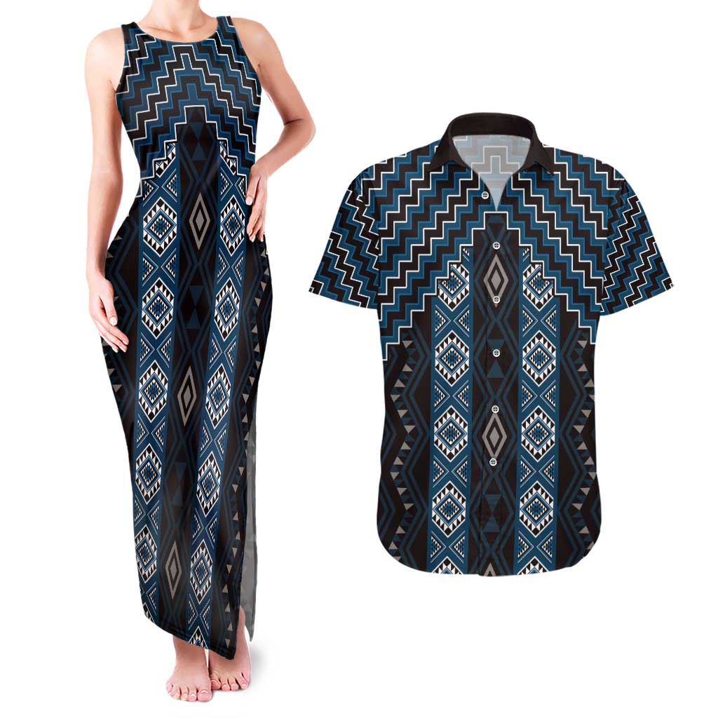 New Zealand Aotearoa Couples Matching Tank Maxi Dress and Hawaiian Shirt Blue Poutama With Taniko Pattern LT05