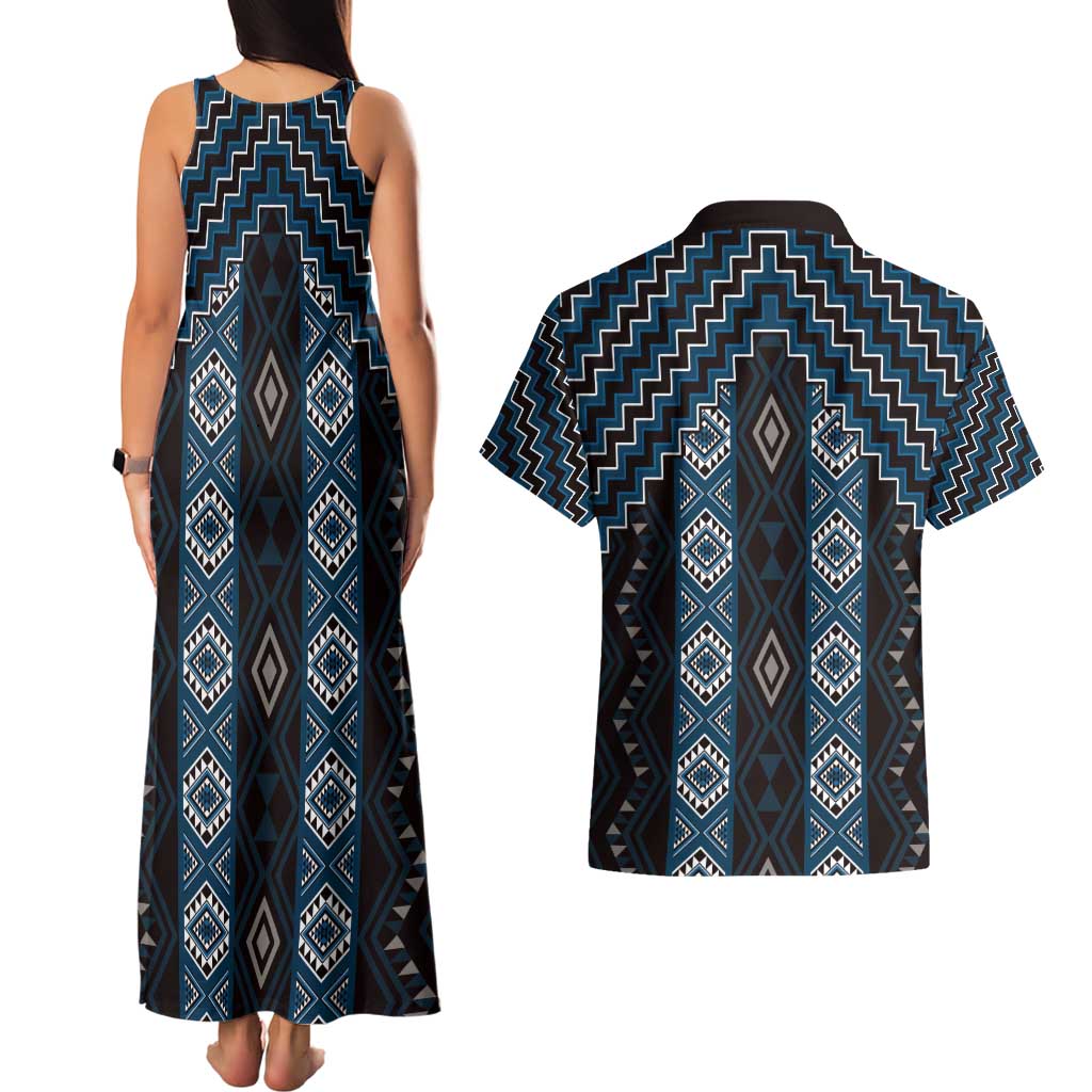 New Zealand Aotearoa Couples Matching Tank Maxi Dress and Hawaiian Shirt Blue Poutama With Taniko Pattern LT05