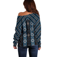 New Zealand Aotearoa Off Shoulder Sweater Blue Poutama With Taniko Pattern LT05