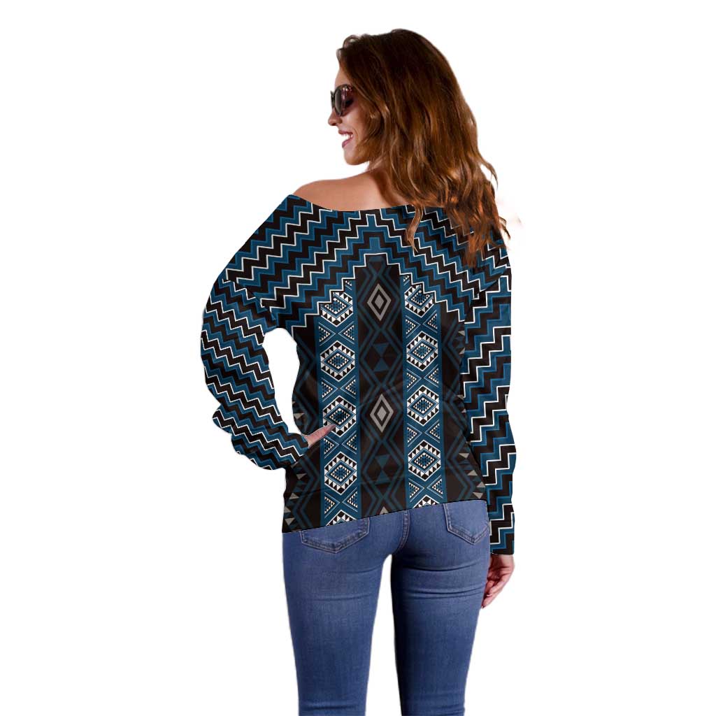 New Zealand Aotearoa Off Shoulder Sweater Blue Poutama With Taniko Pattern LT05