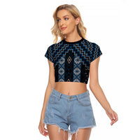 New Zealand Aotearoa Raglan Cropped T Shirt Blue Poutama With Taniko Pattern LT05 Female Blue - Polynesian Pride