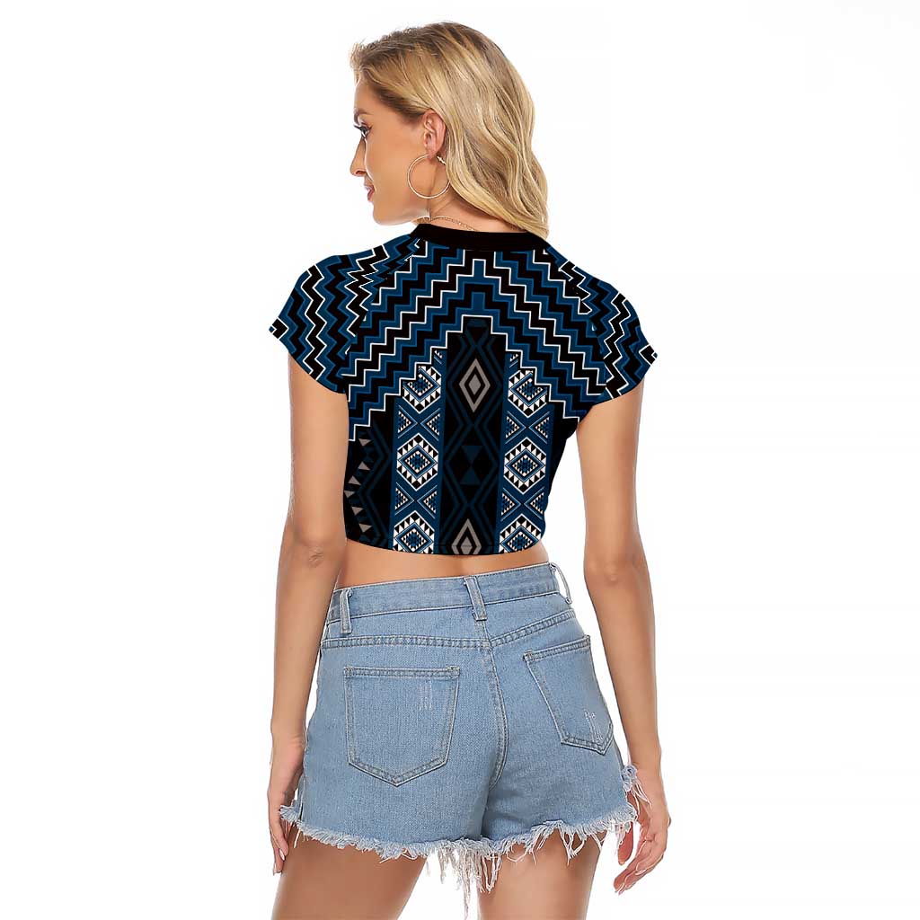 New Zealand Aotearoa Raglan Cropped T Shirt Blue Poutama With Taniko Pattern LT05 - Polynesian Pride