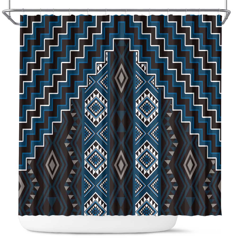 New Zealand Aotearoa Shower Curtain Blue Poutama With Taniko Pattern LT05