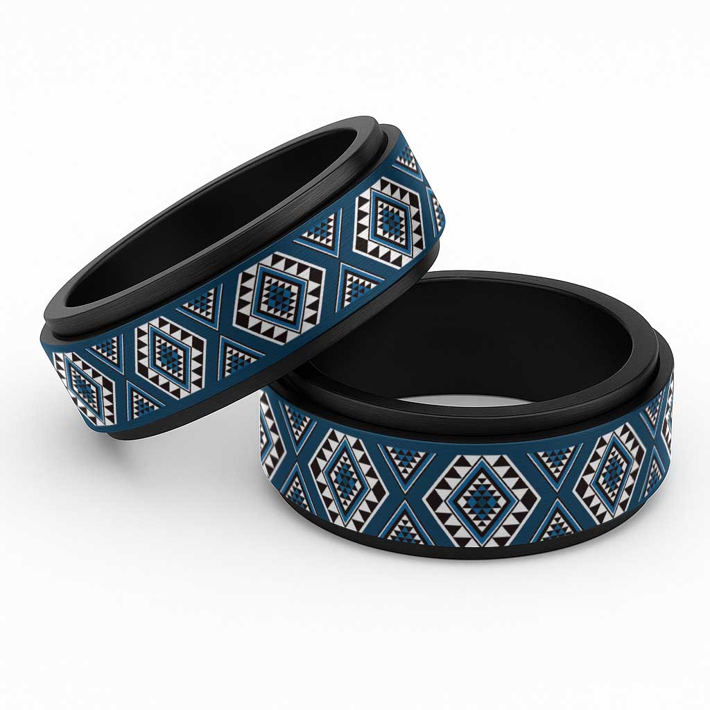 New Zealand Aotearoa Spinner Ring Blue Poutama With Taniko Pattern - Polynesian Pride
