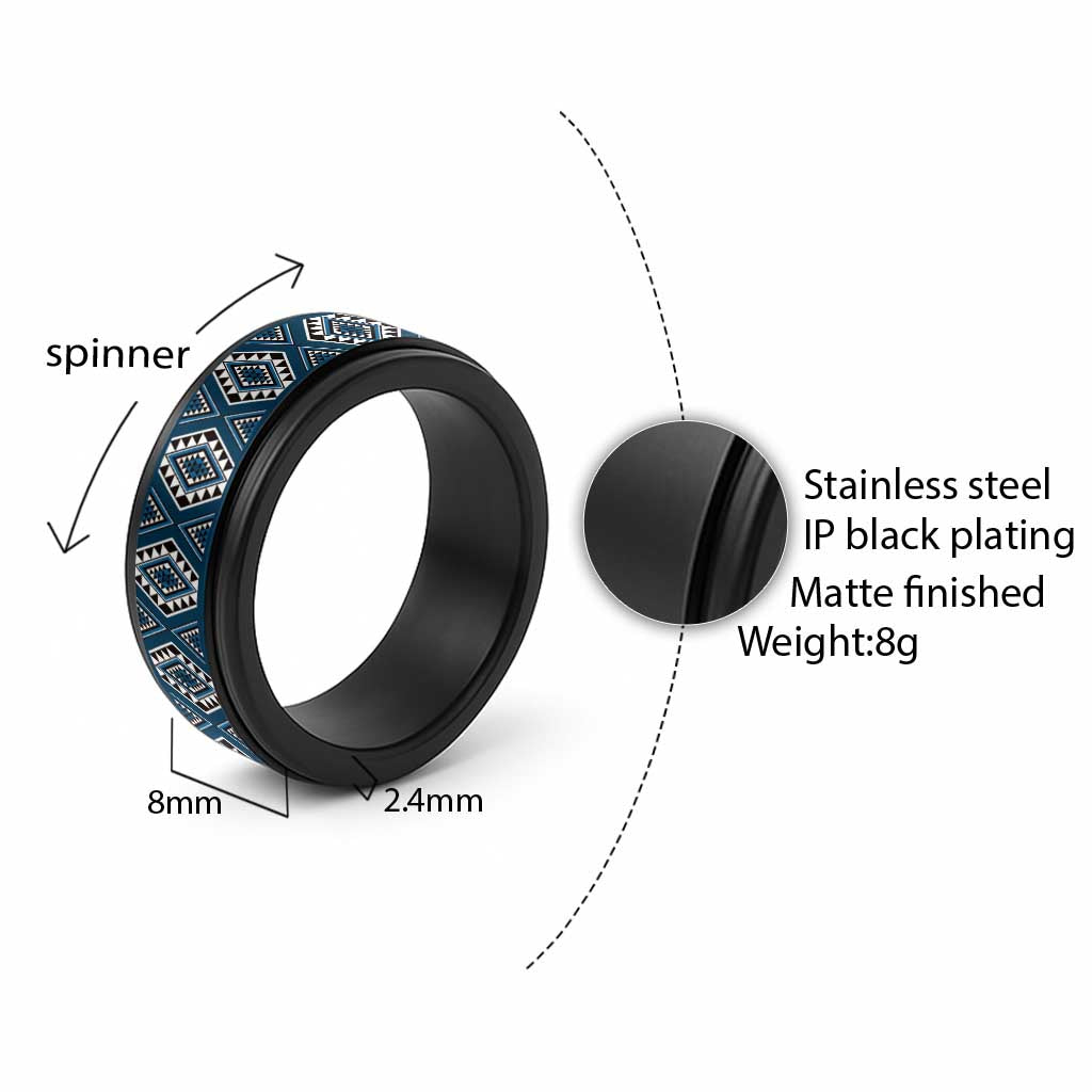 New Zealand Aotearoa Spinner Ring Blue Poutama With Taniko Pattern - Polynesian Pride