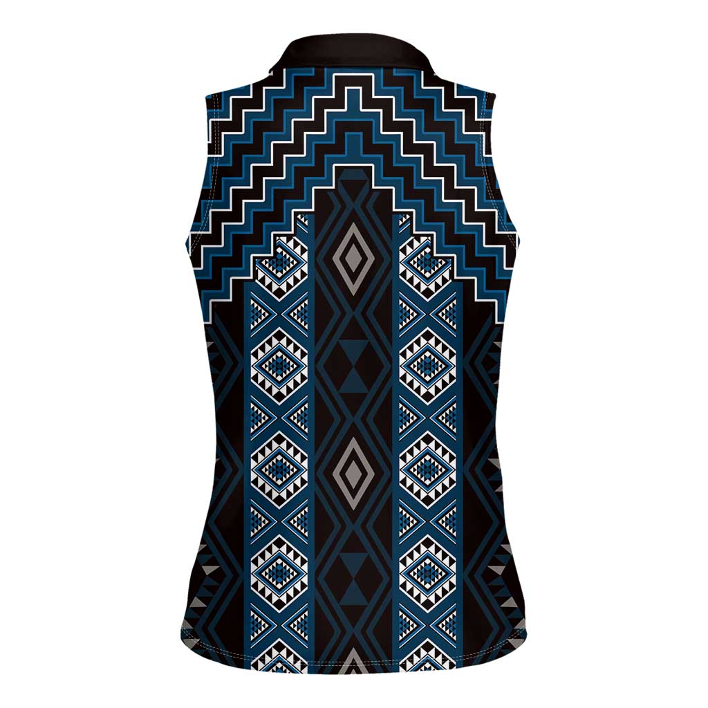 New Zealand Aotearoa Women Sleeveless Polo Shirt Blue Poutama With Taniko Pattern LT05 - Polynesian Pride