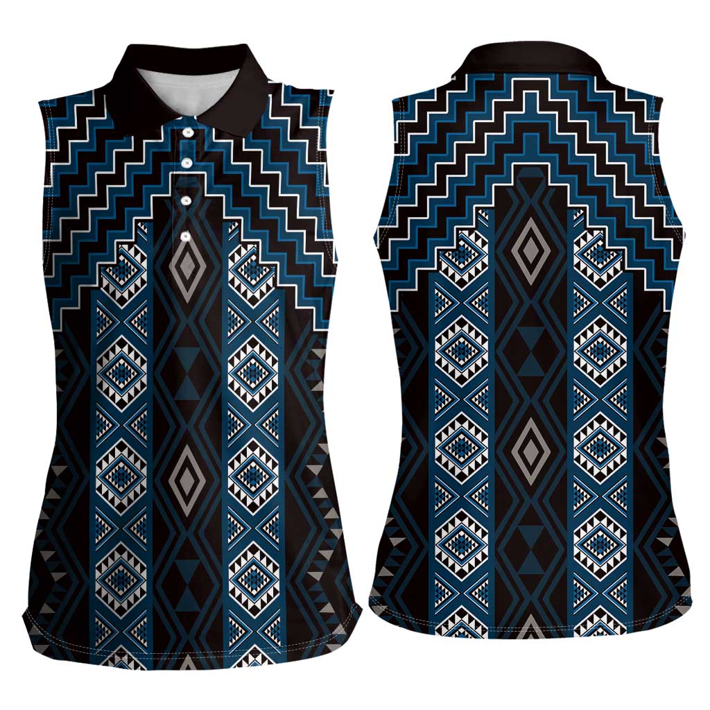 New Zealand Aotearoa Women Sleeveless Polo Shirt Blue Poutama With Taniko Pattern LT05 - Polynesian Pride