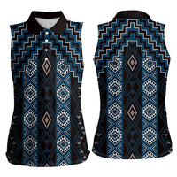 New Zealand Aotearoa Women Sleeveless Polo Shirt Blue Poutama With Taniko Pattern LT05 - Polynesian Pride