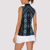 New Zealand Aotearoa Women Sleeveless Polo Shirt Blue Poutama With Taniko Pattern LT05 - Polynesian Pride