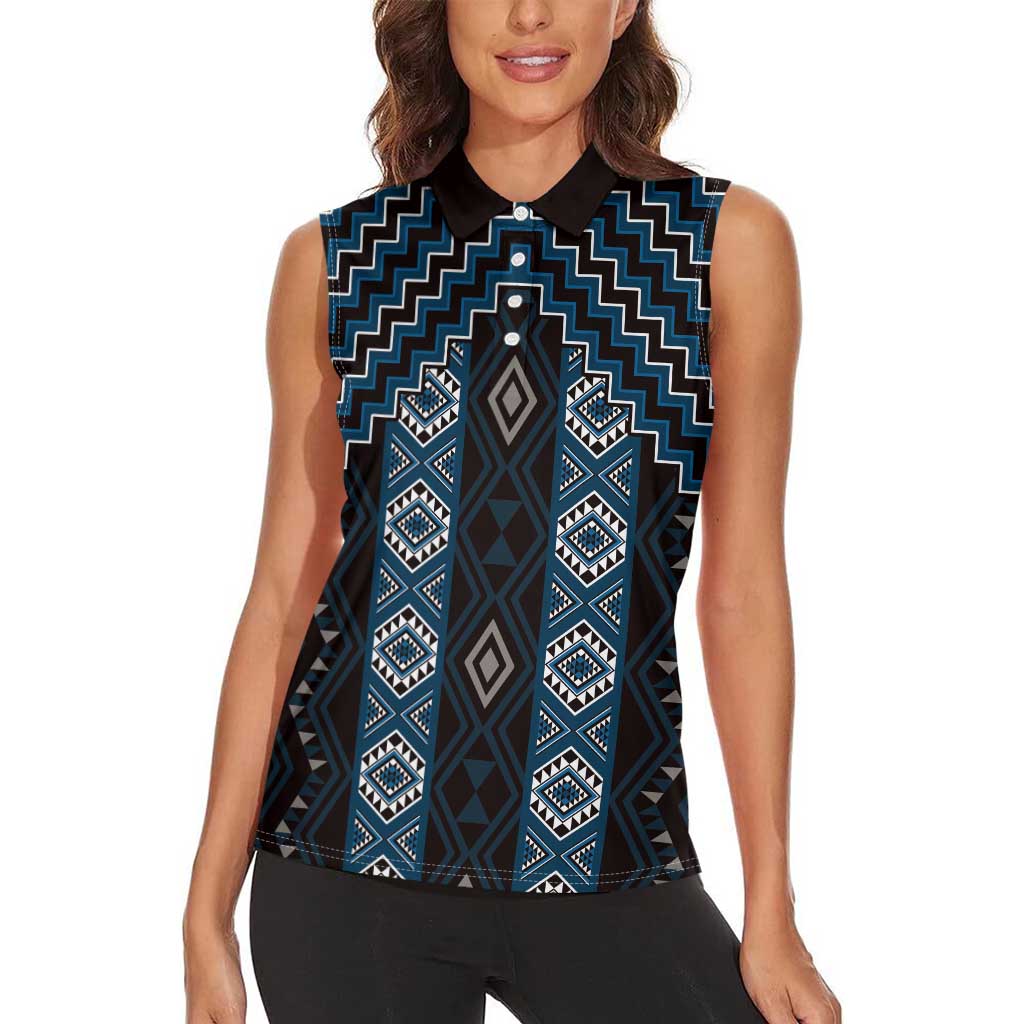 New Zealand Aotearoa Women Sleeveless Polo Shirt Blue Poutama With Taniko Pattern LT05 - Polynesian Pride
