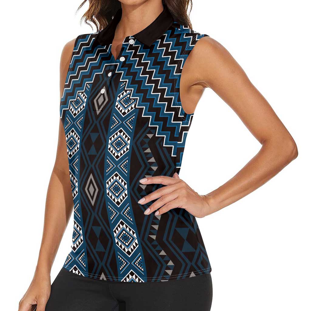 New Zealand Aotearoa Women Sleeveless Polo Shirt Blue Poutama With Taniko Pattern LT05 - Polynesian Pride