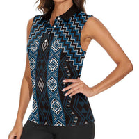 New Zealand Aotearoa Women Sleeveless Polo Shirt Blue Poutama With Taniko Pattern LT05 - Polynesian Pride