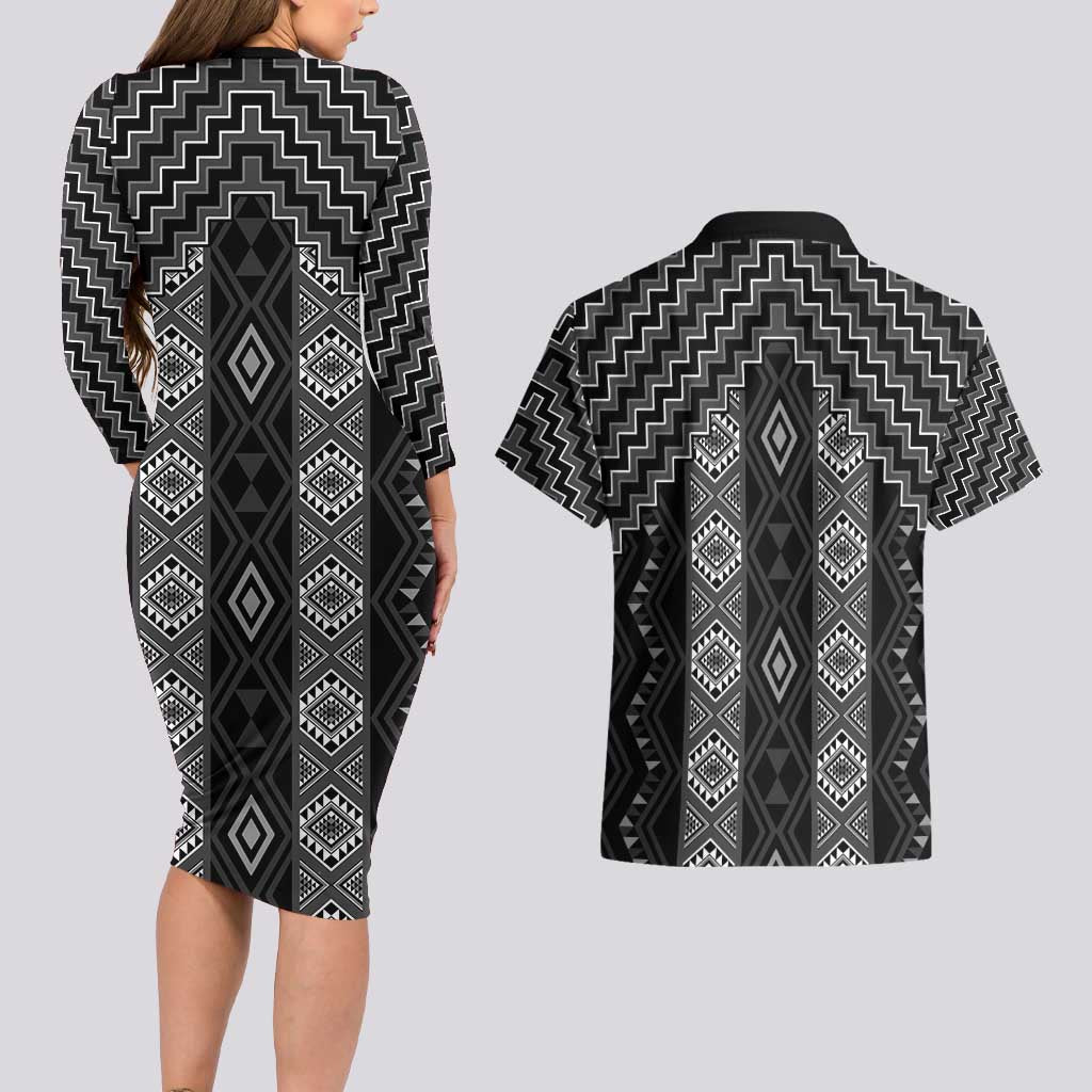 New Zealand Aotearoa Couples Matching Long Sleeve Bodycon Dress and Hawaiian Shirt Black Poutama With Taniko Pattern LT05