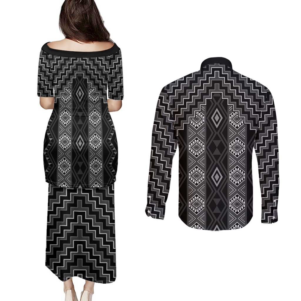 New Zealand Aotearoa Couples Matching Puletasi and Long Sleeve Button Shirt Black Poutama With Taniko Pattern LT05