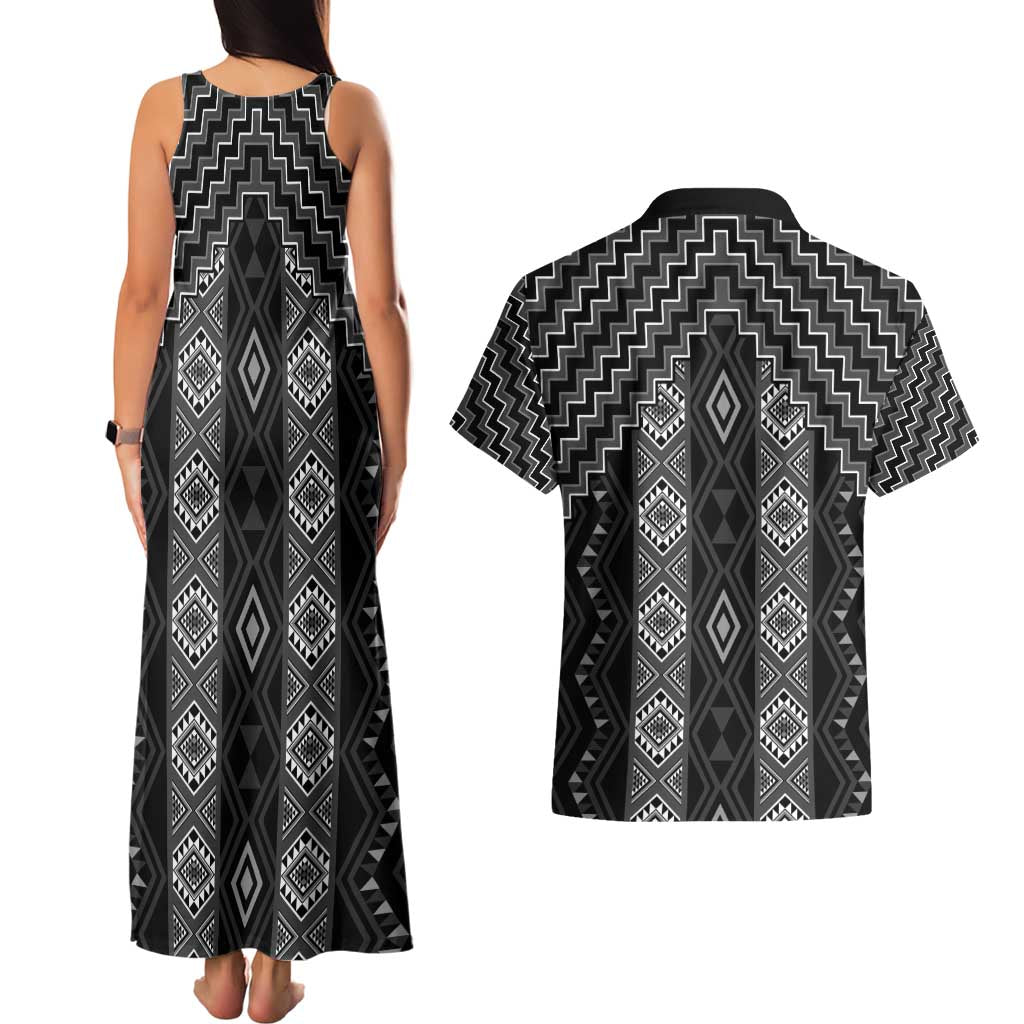 New Zealand Aotearoa Couples Matching Tank Maxi Dress and Hawaiian Shirt Black Poutama With Taniko Pattern LT05
