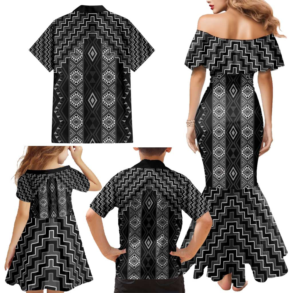 New Zealand Aotearoa Family Matching Mermaid Dress and Hawaiian Shirt Black Poutama With Taniko Pattern LT05