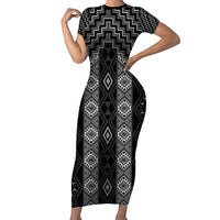 New Zealand Aotearoa Family Matching Short Sleeve Bodycon Dress and Hawaiian Shirt Black Poutama With Taniko Pattern LT05