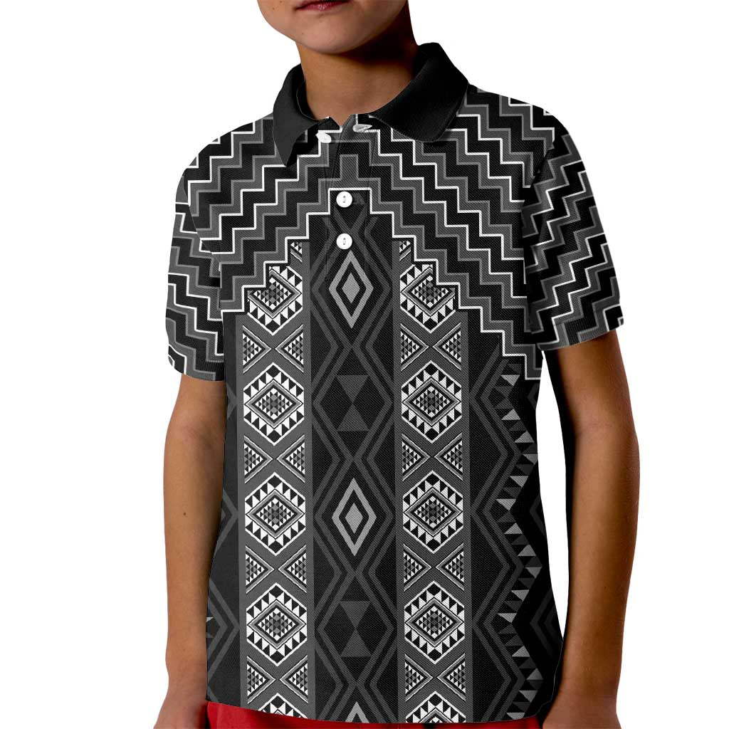 New Zealand Aotearoa Kid Polo Shirt Black Poutama With Taniko Pattern LT05