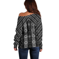 New Zealand Aotearoa Off Shoulder Sweater Black Poutama With Taniko Pattern LT05