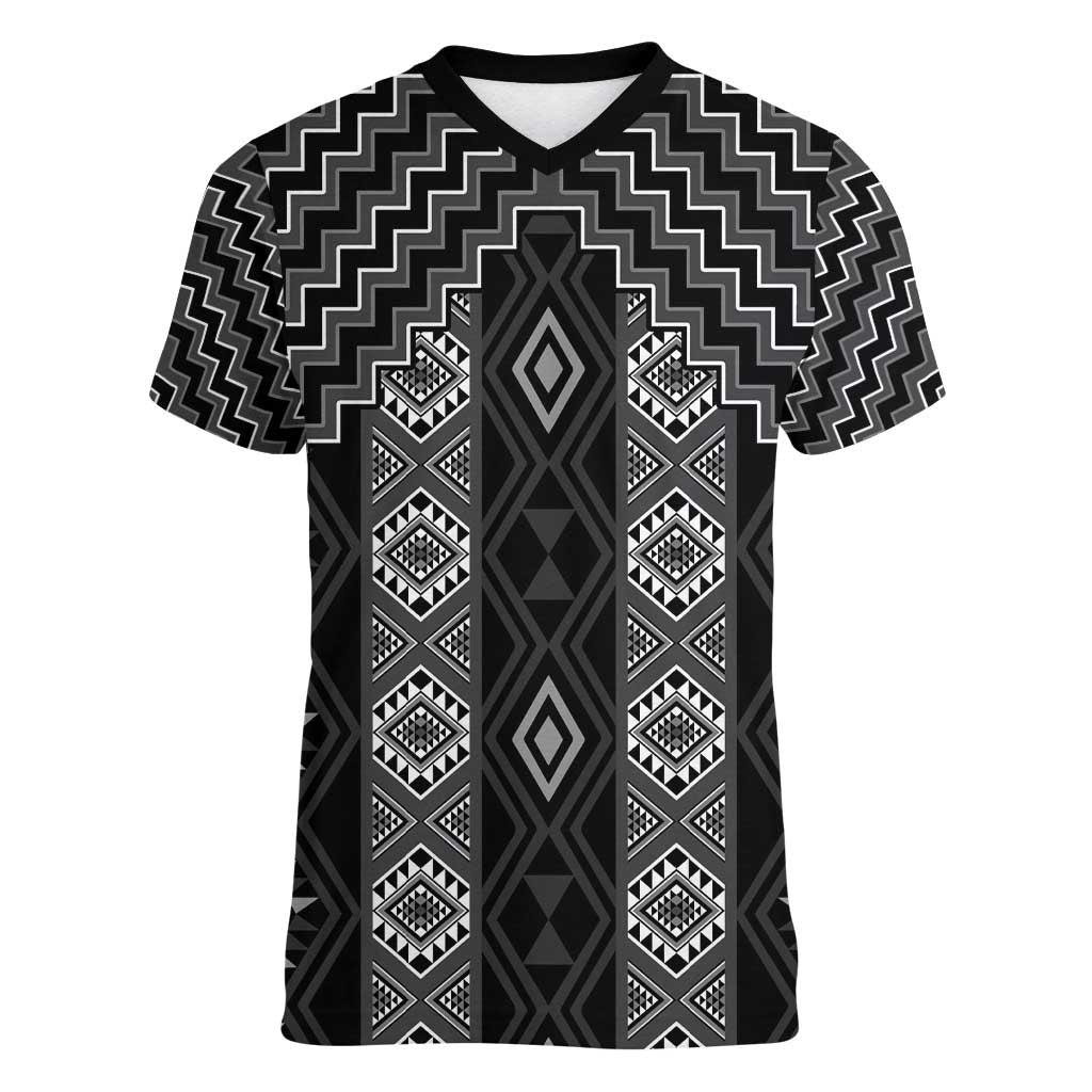 New Zealand Aotearoa Women V-Neck T-Shirt Black Poutama With Taniko Pattern LT05 Female Black - Polynesian Pride