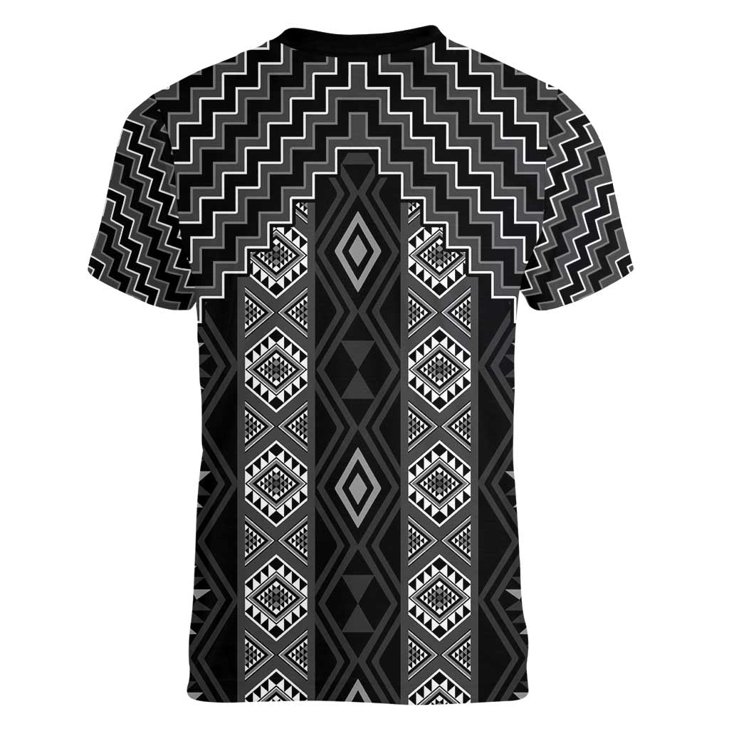 New Zealand Aotearoa Women V-Neck T-Shirt Black Poutama With Taniko Pattern LT05 - Polynesian Pride