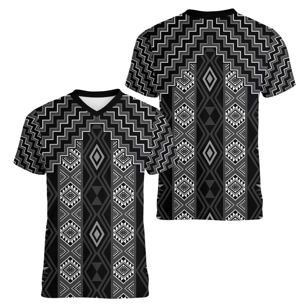 New Zealand Aotearoa Women V-Neck T-Shirt Black Poutama With Taniko Pattern LT05 - Polynesian Pride