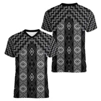 New Zealand Aotearoa Women V-Neck T-Shirt Black Poutama With Taniko Pattern LT05 - Polynesian Pride