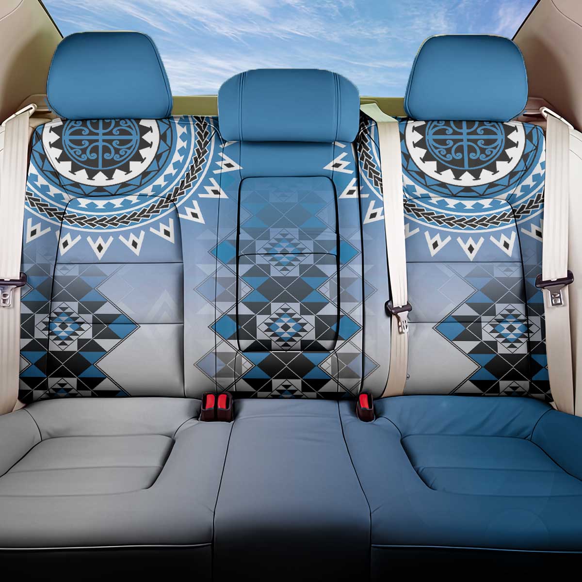 New Zealand Back Car Seat Cover Poutama Mix Blue Taniko Inspired Art LT05