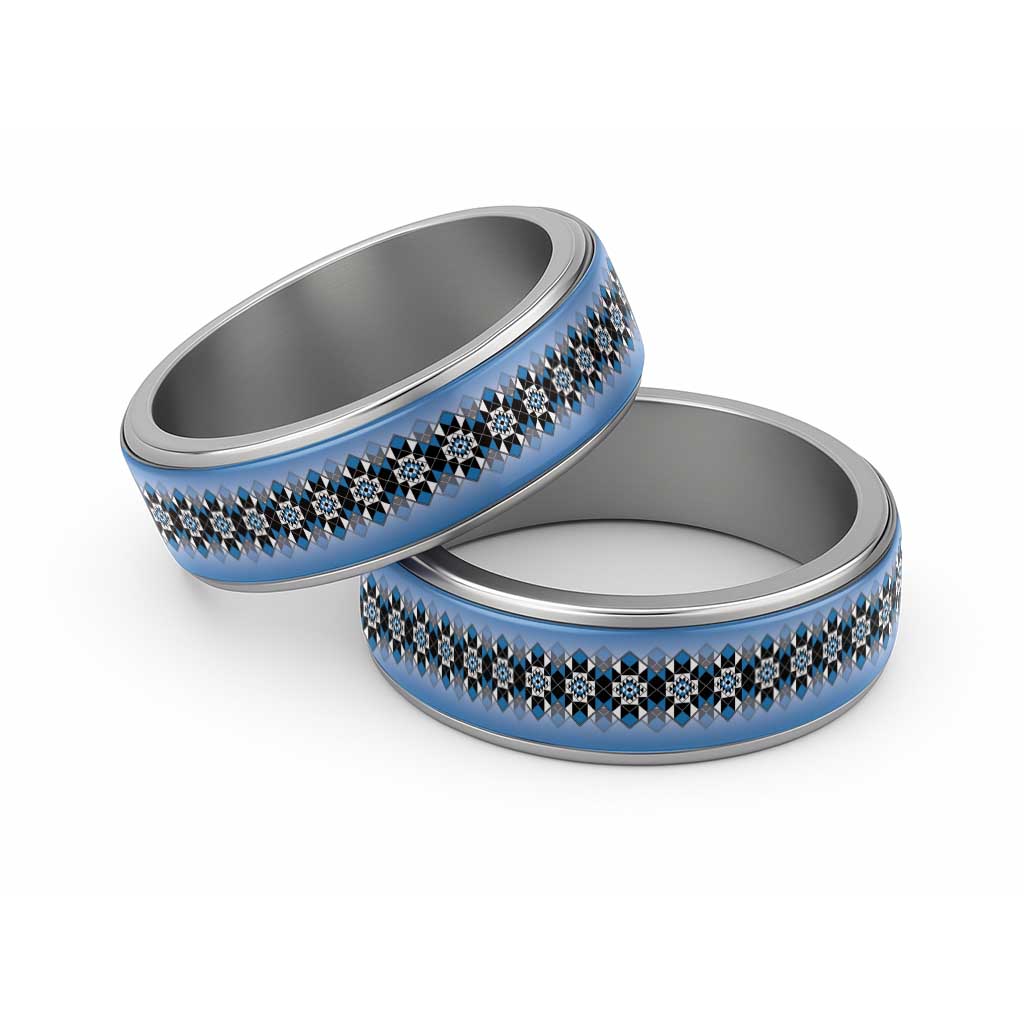New Zealand Classic Ring Poutama Mix Blue Taniko Inspired Art - Polynesian Pride