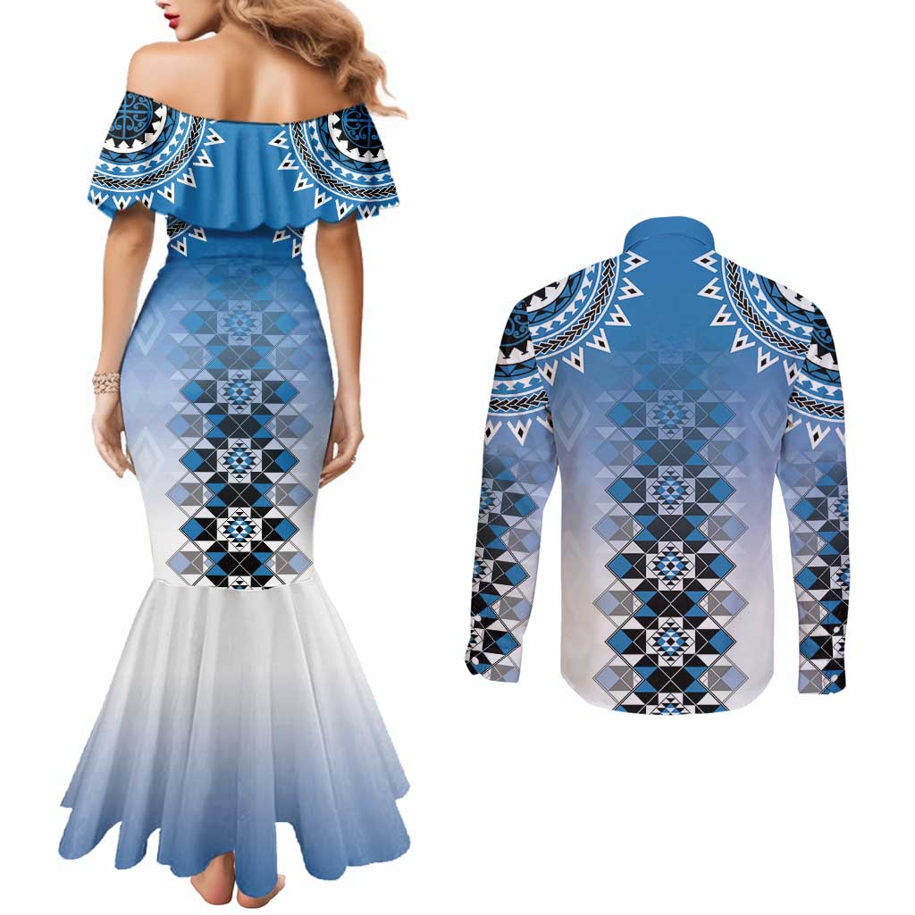 New Zealand Couples Matching Mermaid Dress and Long Sleeve Button Shirt Poutama Mix Blue Taniko Inspired Art LT05