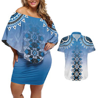 New Zealand Couples Matching Off Shoulder Short Dress and Hawaiian Shirt Poutama Mix Blue Taniko Inspired Art LT05