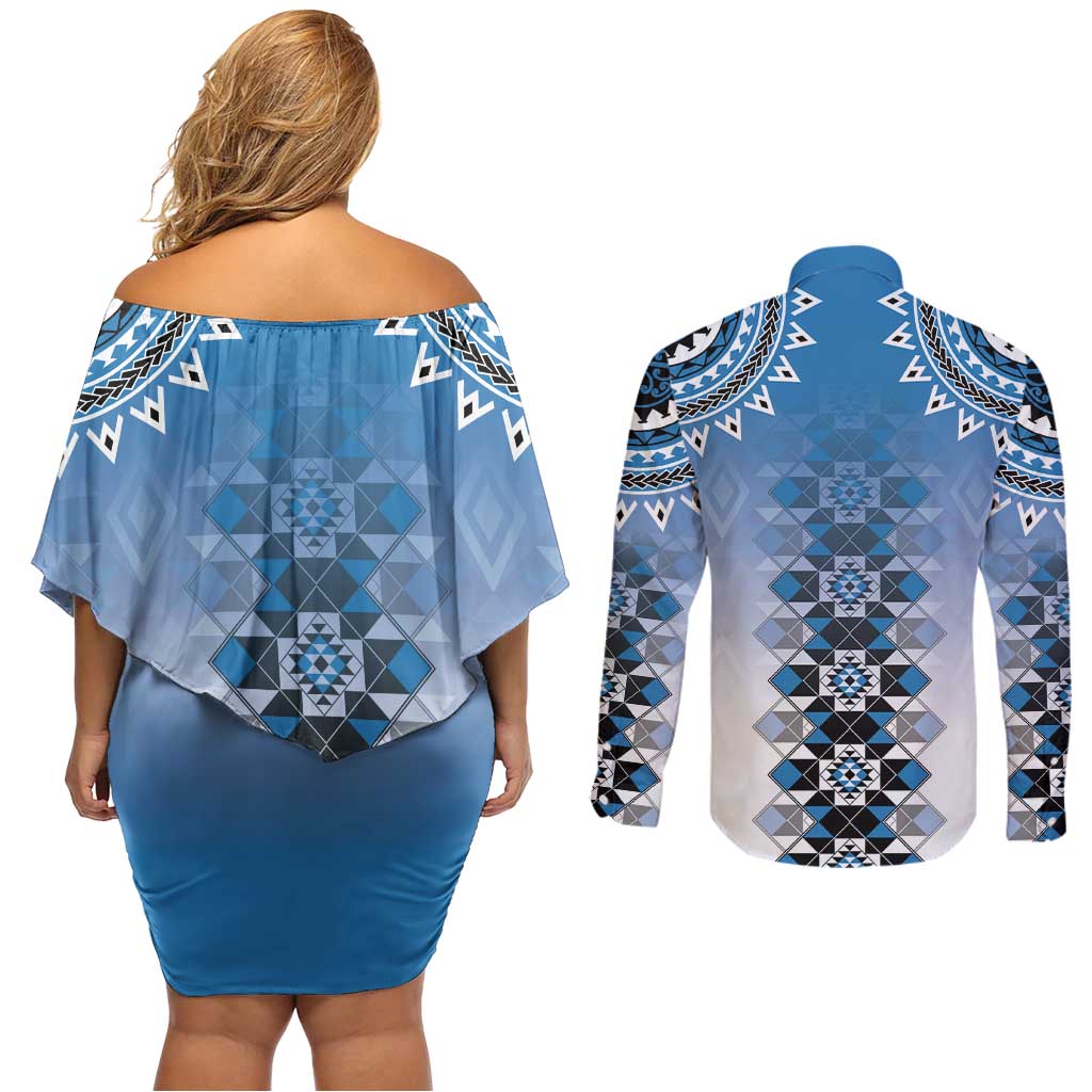 New Zealand Couples Matching Off Shoulder Short Dress and Long Sleeve Button Shirt Poutama Mix Blue Taniko Inspired Art LT05