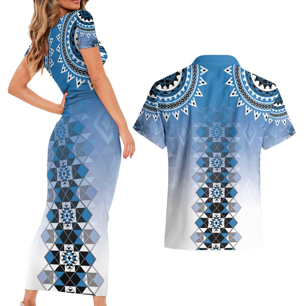 New Zealand Couples Matching Short Sleeve Bodycon Dress and Hawaiian Shirt Poutama Mix Blue Taniko Inspired Art LT05