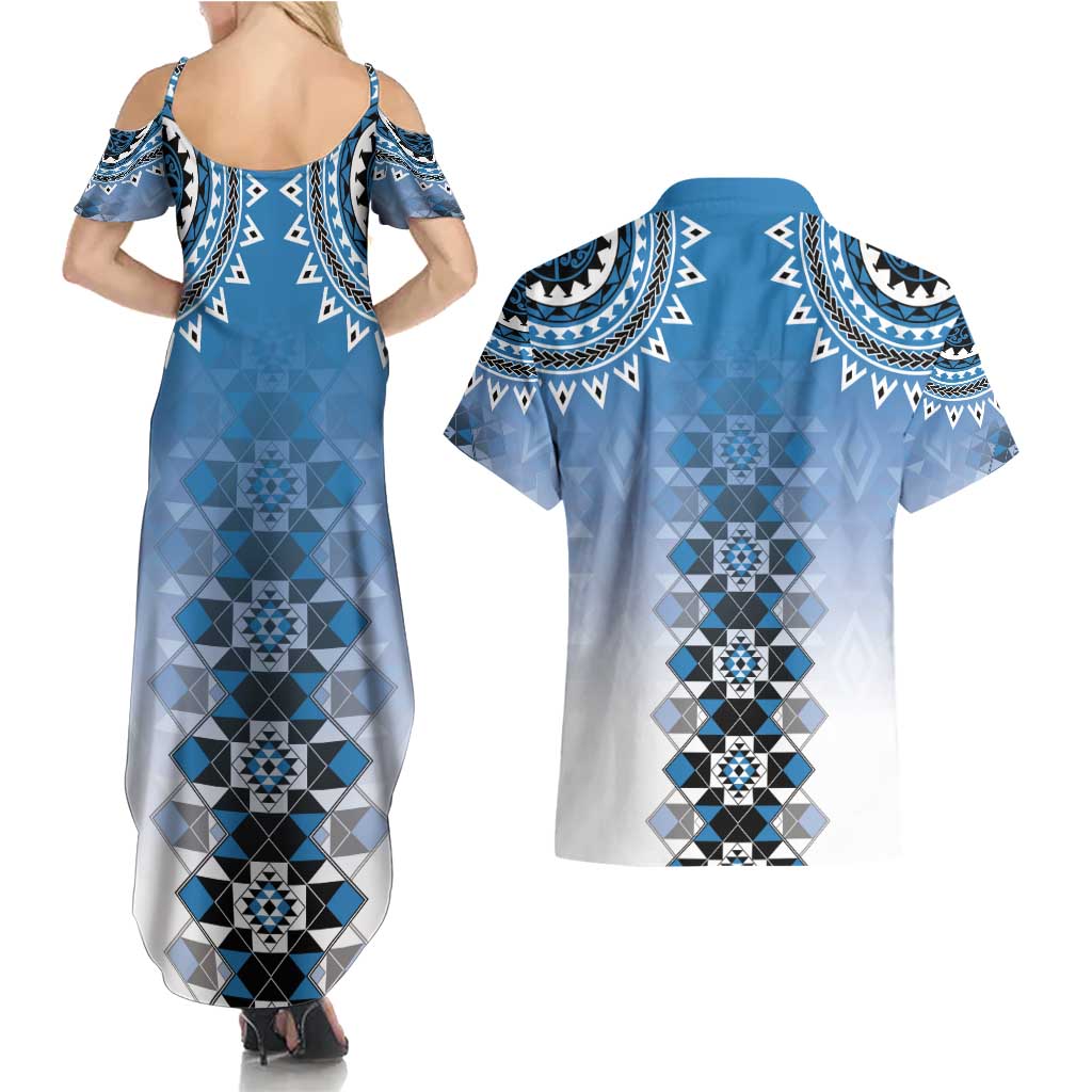 New Zealand Couples Matching Summer Maxi Dress and Hawaiian Shirt Poutama Mix Blue Taniko Inspired Art LT05