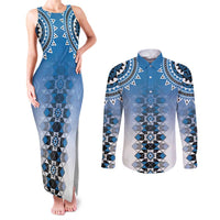 New Zealand Couples Matching Tank Maxi Dress and Long Sleeve Button Shirt Poutama Mix Blue Taniko Inspired Art LT05