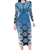 New Zealand Family Matching Long Sleeve Bodycon Dress and Hawaiian Shirt Poutama Mix Blue Taniko Inspired Art LT05