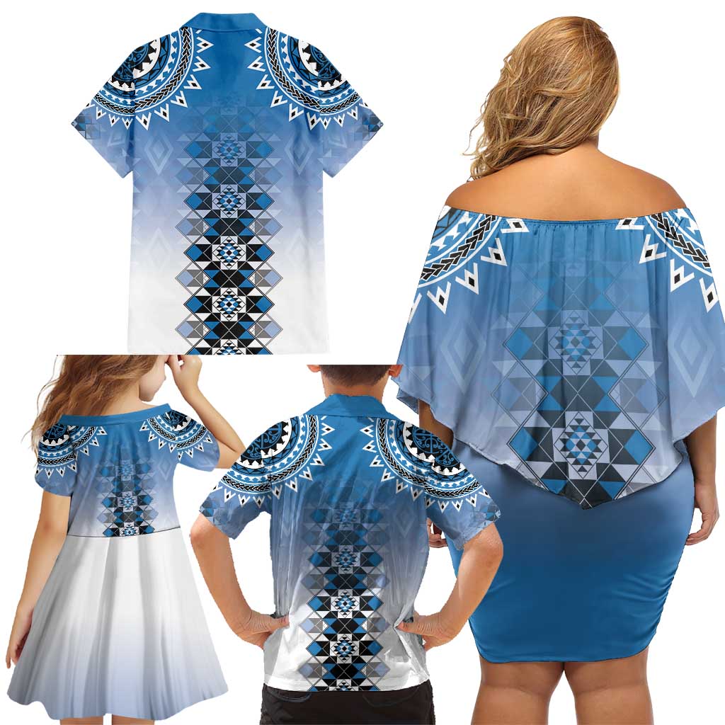 New Zealand Family Matching Off Shoulder Short Dress and Hawaiian Shirt Poutama Mix Blue Taniko Inspired Art LT05