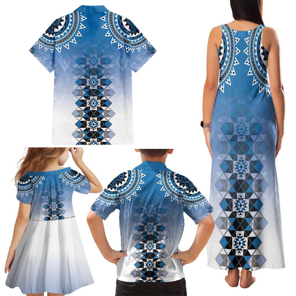New Zealand Family Matching Tank Maxi Dress and Hawaiian Shirt Poutama Mix Blue Taniko Inspired Art LT05