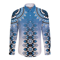 New Zealand Long Sleeve Button Shirt Poutama Mix Blue Taniko Inspired Art LT05