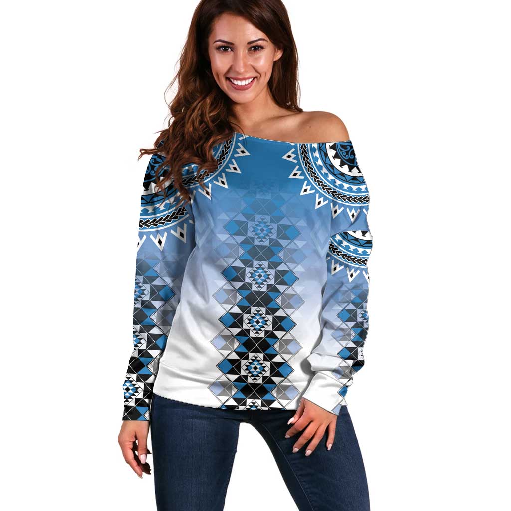 New Zealand Off Shoulder Sweater Poutama Mix Blue Taniko Inspired Art LT05
