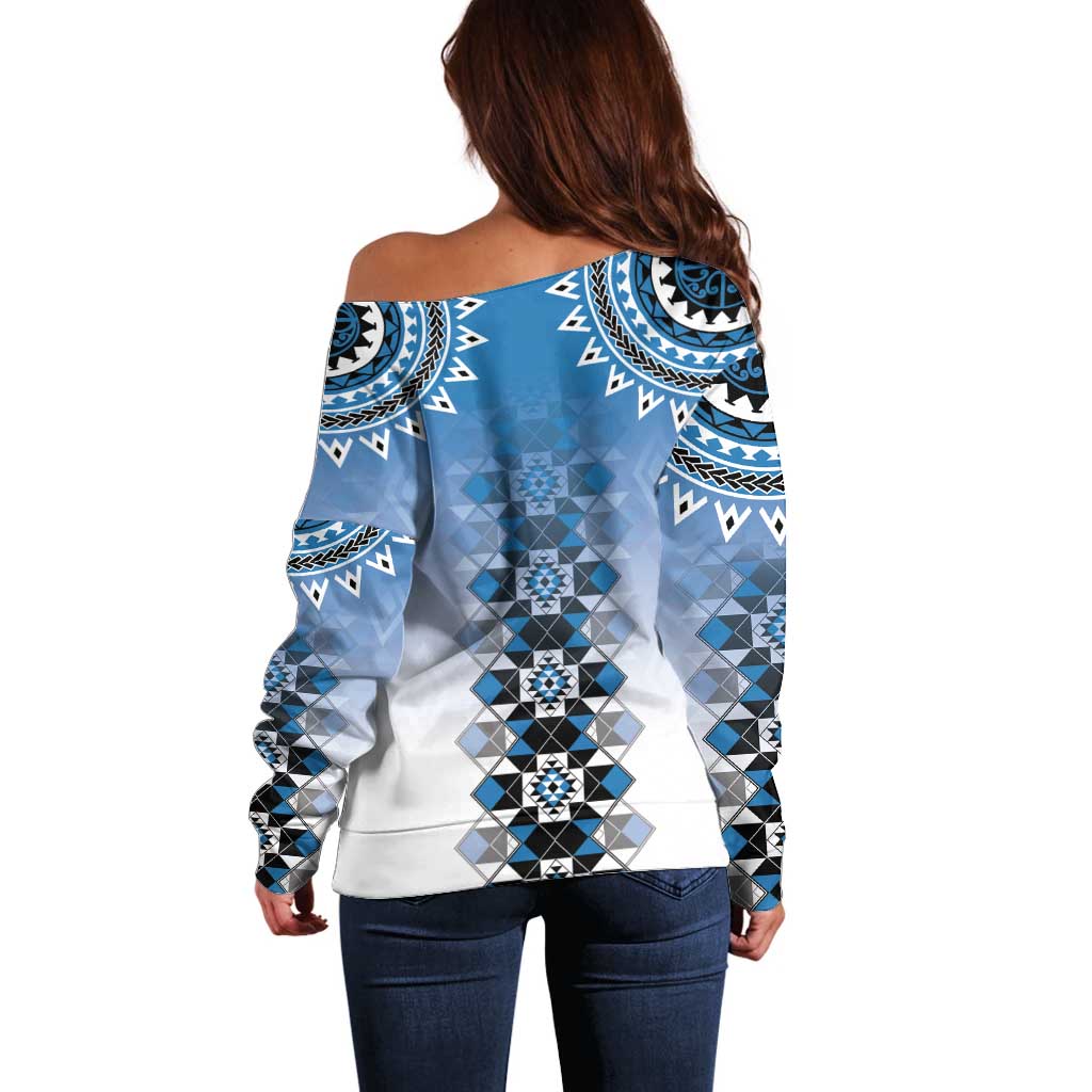 New Zealand Off Shoulder Sweater Poutama Mix Blue Taniko Inspired Art LT05