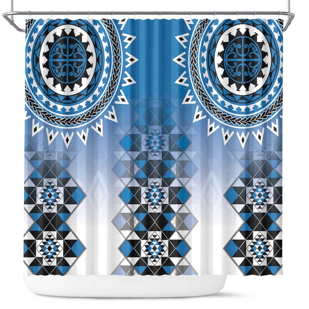 New Zealand Shower Curtain Poutama Mix Blue Taniko Inspired Art LT05